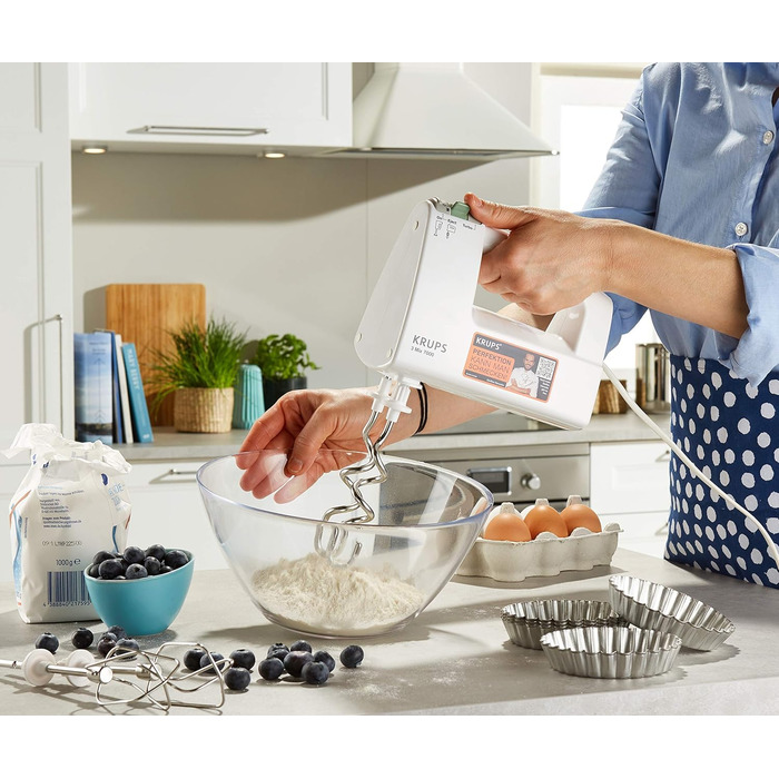KRUPS 3 MIX 7000 Hand Mixer F60814 | 500W | Ergonomic mixer handle, variable speed control | Turbo & eject button | Stainless steel whisks & dough hooks | White Single
