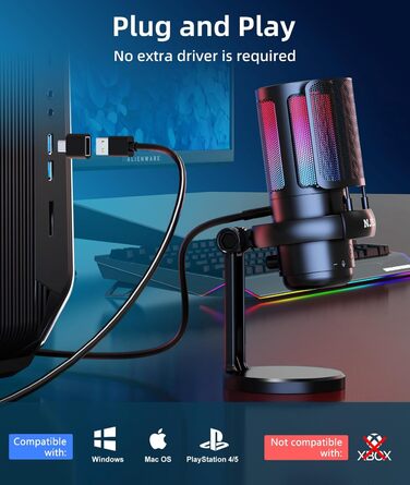 Мікрофон для ПК NJSJ Gaming RGB, для стрімінгу та запису, USB, сумісний з PS4/PS5/Mac, з регулятором гучності, чорний