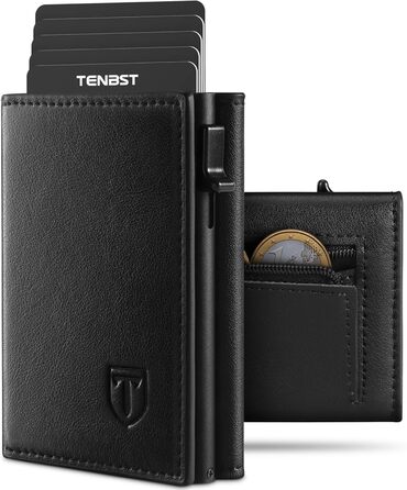 TENBST Wallet for Men with RFID Protection, Slim Wallet with Coin Pocket, 10 Card Holder Money Clip Wallet for Men, Magnetic Wallets for Men, Small Credit Card Case with Gift Box - Black (Black)