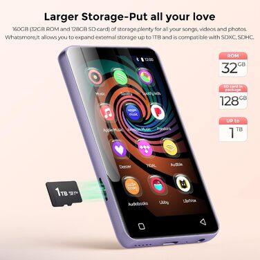 MP3-плеєр innioasis 160GB з Bluetooth та WiFi, Android MP4 плеєр з сенсорним екраном 4', підтримка Spotify, Amazon Music та Audible, фіолетовий, для дітей