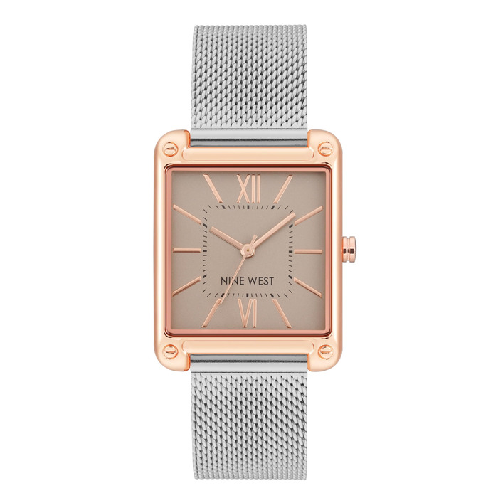 Жіночий годинник Nine West з металевим плетенням (Mesh Bracelet) у кольорах срібло та рожеве золото