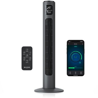 Вентилятор Tower Brandson ECO з DC мотором, WiFi, управління через додаток/Alexa, LED дисплей, пульт, коливання, сірий