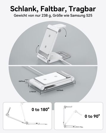 База для бездротової зарядки 3-в-1 для Samsung Galaxy (S25, S24, S23, S22, S21, S20, Z Flip, Z Fold) та Galaxy Watch/Buds, 20W, біла