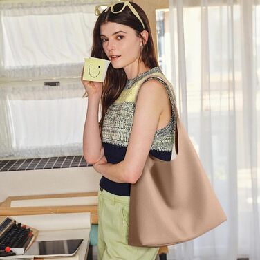 Сумка жіноча KALIDI Shopper Hobo з PU шкіри, бежева, для роботи, навчання, повсякдення, з кнопкою