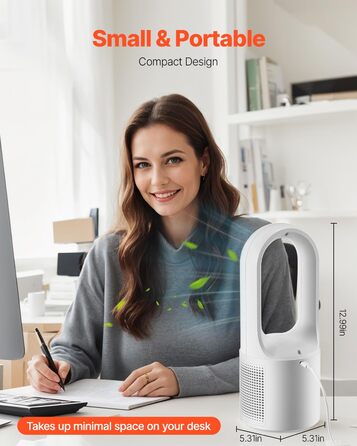 Безлопатевий вентилятор VEVOR 330 мм, портативний USB-вентилятор, 6 режимів, тихий, з LCD-дисплеєм, для дому, офісу, дитячої кімнати