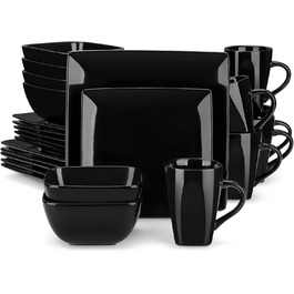 Vancasso Dinnerware Set, 24 Piece Stoneware SOHO Square Dish Set for 6 People, Combination Set, Square 24 Piece Black