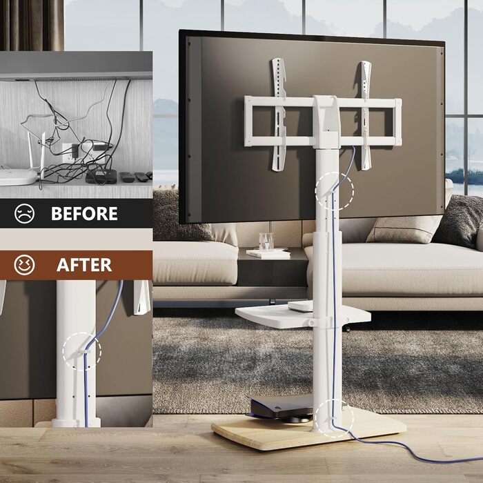 Підставка для телевізора FITUEYES біла з дерев'яною основою, регульована по висоті та поворотна, для телевізорів 32-70 дюймів (плоских та curved), до 40 кг, VESA 600x400