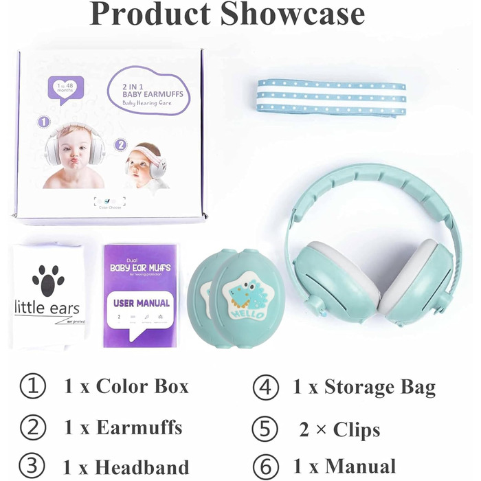 Навушники для захисту слуху дитини Sunshine Smile 0-4 роки, 2-в-1, з шумозаглушенням, сірий, унісекс, динозавр, блакитний