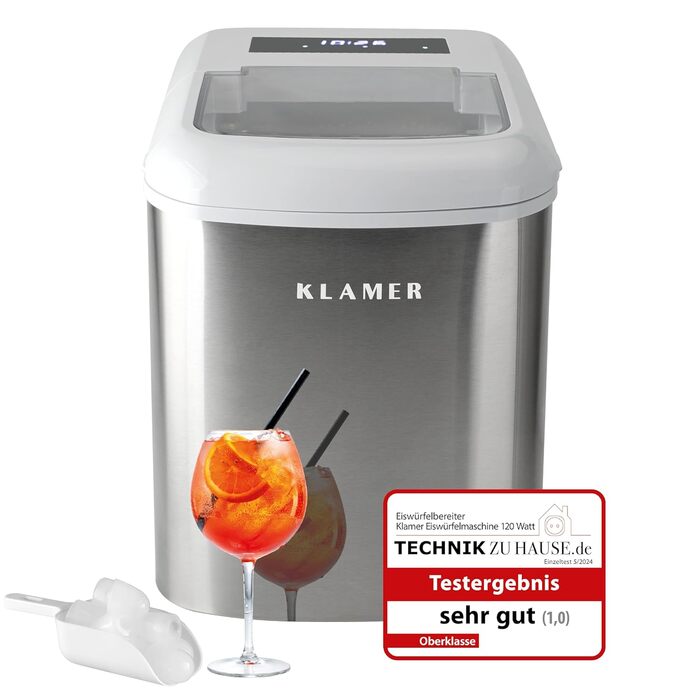 Машина для приготування льоду KLAMER, 2.1л, срібна, з лопаткою та таймером. Виробляє 10 кубиків за 7 хв, 15 кг/день