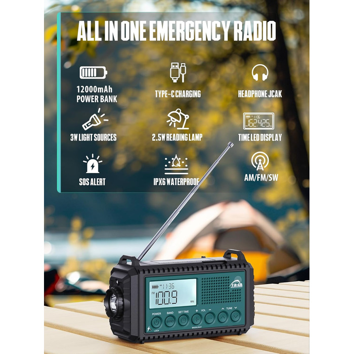 Радіо на сонячній батареї та ручному заводі Kurbelradio 12000 mAh з LED ліхтарем, AM/FM/SW, для надзвичайних ситуацій, чорний