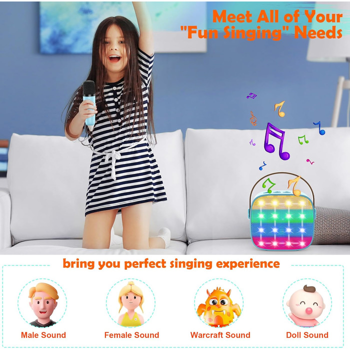 Дитяча караоке-машина з 2 мікрофонами, Bluetooth, світлові ефекти, для дітей 3-12 років