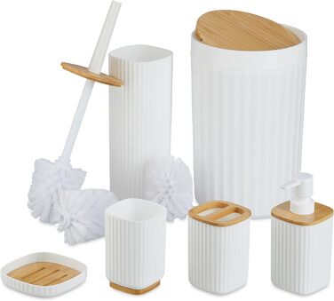 Набір для ванної кімнати Relaxdays, 6 предметів: аксесуари для ванної з пластику та бамбуку, повний комплект, білий/натуральний