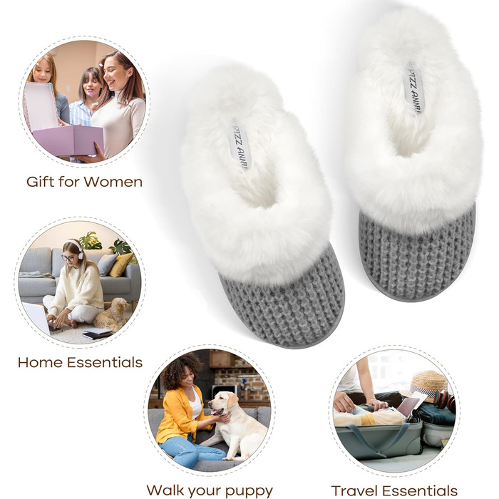 Тапочки жіночі зимові теплі PIZZ ANNU з плюшем, антиковзаюча підошва, платформа, з Memory Foam, для дому/на вулицю (42/43 EU, сірі)