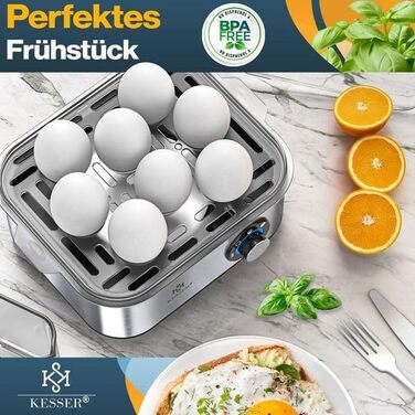 Електричний яйцеварка KESSER® на 1-8 яєць з нержавіючої сталі, 500W, функція підігріву, LED-регулятор, 3 ступені нагріву, BPA-Free, придатний для миття в посудомийній машині, мірна склянка, утримувачі для яєць та форма для омлету, срібно-чорний/срібний