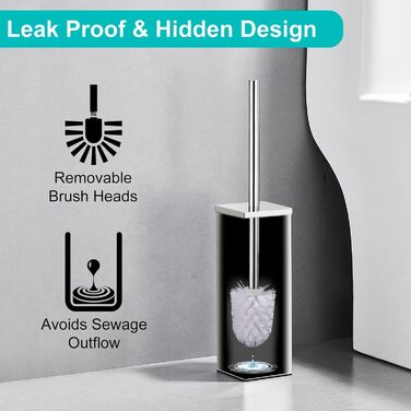 Набір для туалету ALFKET: щітка та тримач, нержавіюча сталь, з захистом від бризок, квадратна форма, з додатковою насадкою, 8x8x42.5 см, срібний