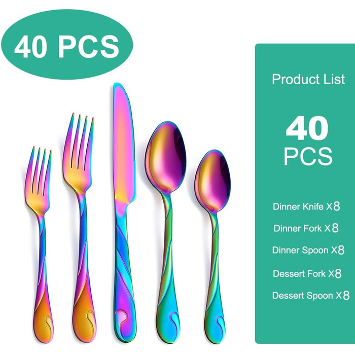 Набір столових приборів ES для 12 осіб (40 предметів), нержавіюча сталь, блискучий, набір виделок, ножів та ложок, придатний для миття в посудомийній машині (Райдуга)