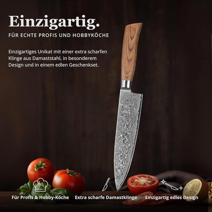 Ніж кухарський Wakoli EDIB Pro з дамаської сталі (серцевина VG10), 20 см - гострий та збалансований, з ручкою з паккавуду в подарунковій коробці - кухонний ніж з дамаску для професійних та аматорських кухарів, срібний
