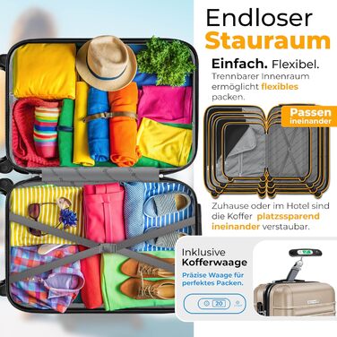 Набір валіз KESSER® з ABS-пластику (S-M-L-XL) з телескопічною ручкою, 4 колеса, ваги та брелок для багажу, колір шампань