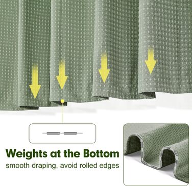 Штора для душу Waffel 183x198 см - текстильна, поліестер, з магнітами, 12 кілець, непрозора, водовідштовхувальна, для ванної кімнати (зелена)