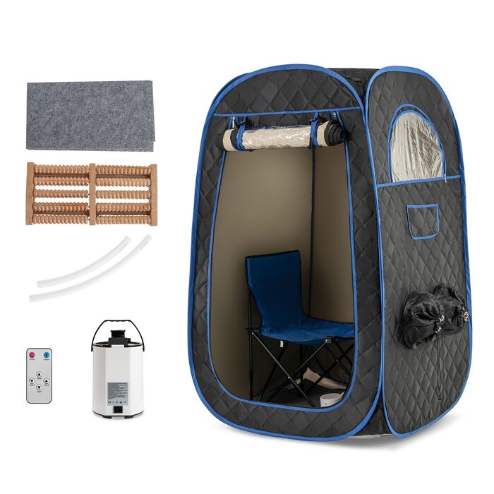 Портативна парова сауна HOMASIS для дому з генератором пари 3 л, пульт дистанційного керування, 9 температурних режимів та 9 таймерів, сауна-намет з відкидним стільцем та масажером для ніг (Чорний)