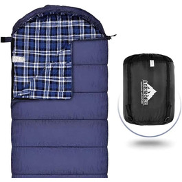 Adult Cotton Flannel Sleeping Bag - Camping, Hiking, Travel - Lightweight 3-4 Season Sleeping Bag (Blue/Blue)
