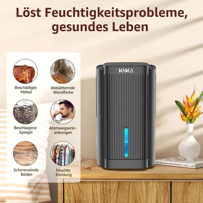 Електричний осушувач повітря KNKA, 1.1 л, для дому, ванної кімнати, підвалу, тихий (28 дБ), з автовимкненням та нічним режимом, кольорове підсвічування (білий), колір: чорний