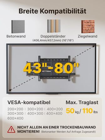Настінна кріплення для телевізора monTEK 1080mm - для плоских та вигнутих моніторів до 60 кг, поворотна та нахилена, висувна, VESA 800x400 мм (43-80 дюймів)