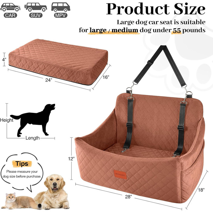 Wooaidagg Large Dog Car Seat - Memory Foam Bed for Medium & Large Dogs, Washable & Detachable, Includes 2 Leashes (Brown)