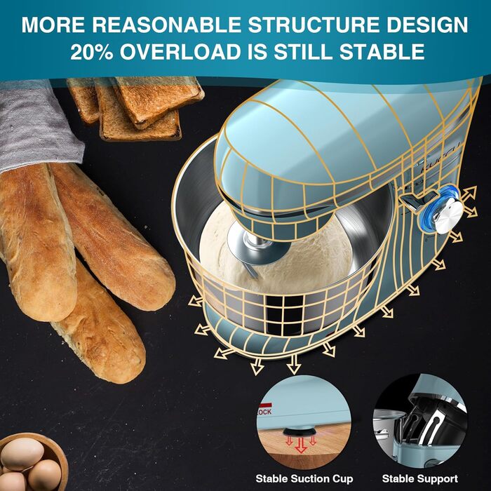 Кухонна машина (планетарний міксер) 1500W з чашею 7л з нержавіючої сталі, 6 швидкостей + імпульсний режим, набір насадок (гак, вінчик, міксер), колір: синій