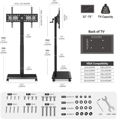 FITUEYES Mobile TV Stand - Rolling TV Cart for 32-75 inch Plasma/LCD/LED TVs - Height Adjustable, Swivel & Tilt, up to 40kg, VESA 600x400mm (Black)