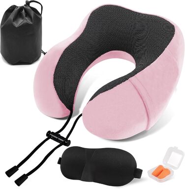 Подушка для шиї у вигляді їжачка Memory Foam для подорожей на літаку/автомобілі. З навушниками, маскою для очей та сумкою. М'яка, дихаюча. Рожева.