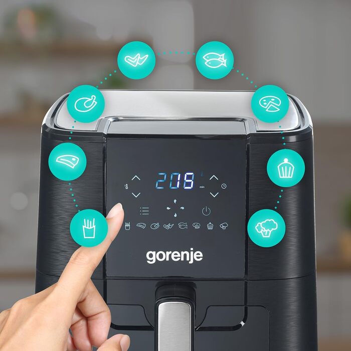 Аерофритюрниця Gorenje AF1350DWB, 1350 Вт, чаша 5.4 л з вікном, 8 автоматичних програм, антипригарне покриття, LED-дисплей, чорна