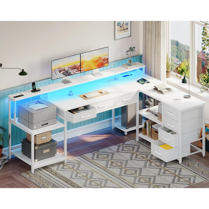 Комп'ютерний стіл Coleshome з 7 висувними ящиками та великим об'ємом зберігання, кутовий стіл з RGB LED підсвічуванням, реверсивний L-подібний стіл з 2 розетками, ідеальний для офісу та геймінгу (білий, 179.5×135.5 см)
