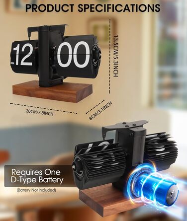 Yusat Retro-Flip Clock, Vintage Table Clock, digital, automatic flipping, battery-powered, mechanical desk clock, black, ideal for home, office, room decoration (Battery