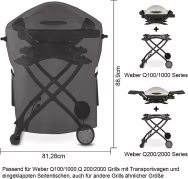 Чохол для гриля Weber Q 1000/2000 з візком, водонепроникний 600D Oxford, для моделей 50060001, 51060001, 54060001, міцний BBQ аксесуар
