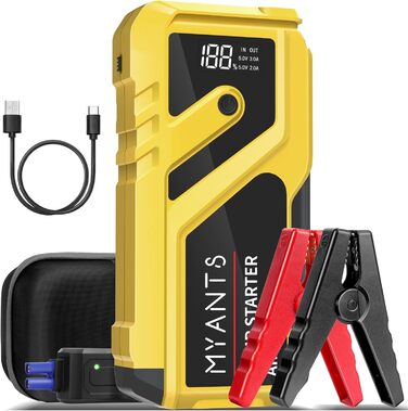 Powerbank з компресором та пусковим пристроєм 12V для автомобіля, LED-ліхтар, швидка зарядка, для двигунів до 10.0L бензину та 8.0L дизеля (Жовтий)