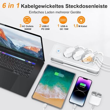 Мережевий адаптер з 2 USB-C (PD 20W) та 1 USB-A, 3 розетки з вимикачем, захист від перенапруги, компактний, для подорожей, 1,5м кабель. Мережева планка з 3 USB-портами