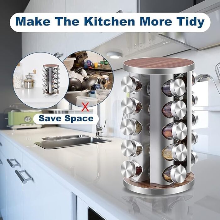 Spice Rack with 20 Spice Jars, 360° Rotatable, Stainless Steel Spice Carousel (430) with Sieve Lids, Standing Spice Rack - Includes Labels, Pen & Funnel - Wood-Look, Food-Safe, Dustproof
