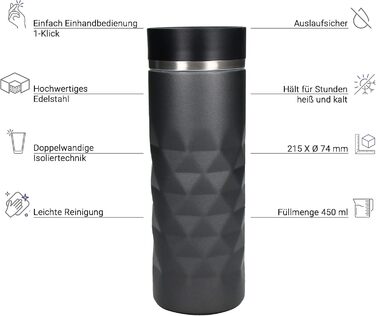 Термокружка Diamond з нержавіючої сталі Elasto Premium | 450 мл | Зберігає тепло та холод | Без BPA | Матова, блискуча (Шифер сірий)
