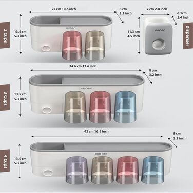 Drill-free toothbrush holder, wall-mounted, bathroom shelf with 1 automatic toothpaste dispenser, 6 brush hooks, 1 cosmetic drawer, organizer, and ample storage space (1 dispenser + 3 cups)