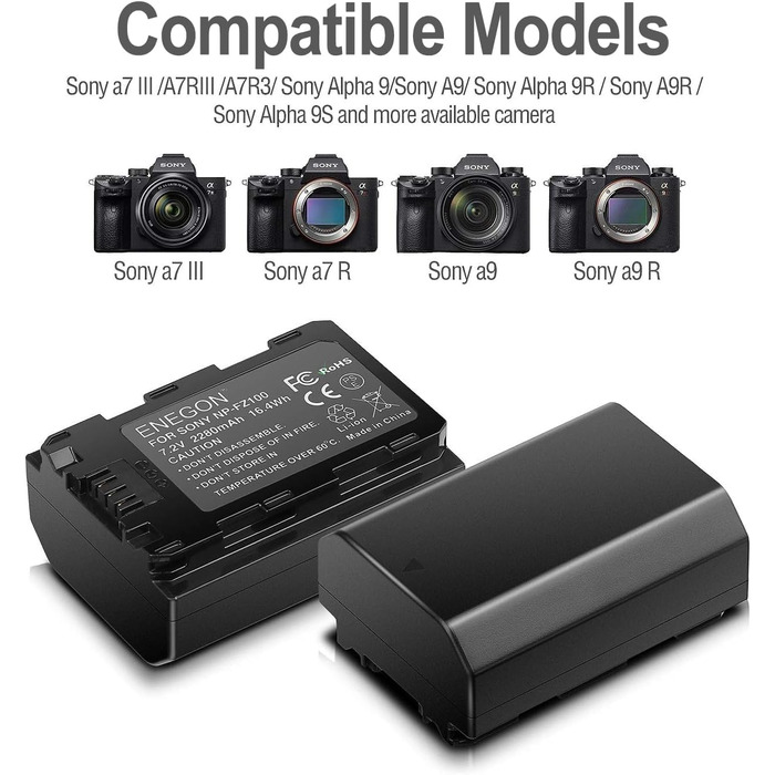 Запасний акумулятор ENEGON (2 шт) та смарт-зарядний пристрій Dual USB для камер Sony NP-FZ100 (Alpha 9, A9R, A7RIII, A7 III, A7R4, A7RIV)
