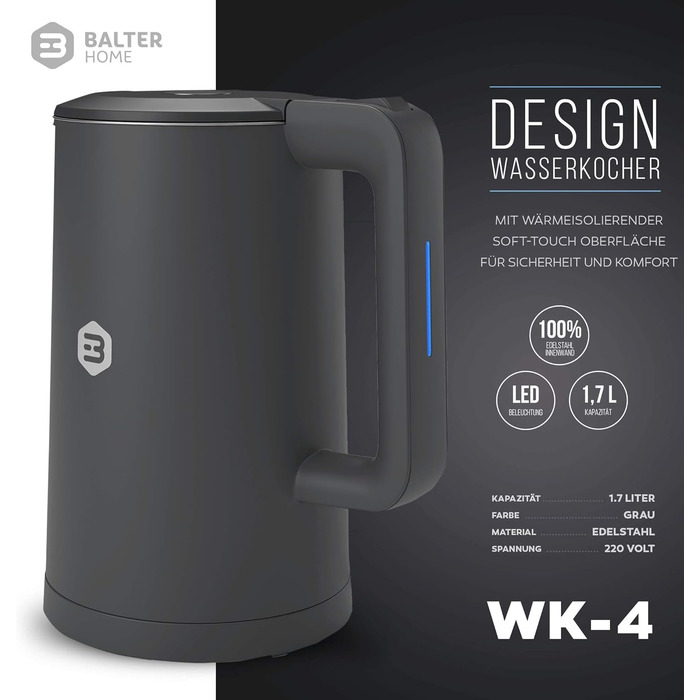Balter Stainless Steel Kettle WK-4, 1.7 Liter, Electric Kettle, Double-Walled Design, BPA Free, LED, Compact Tea Kettle, Quiet (Black) (Gray)