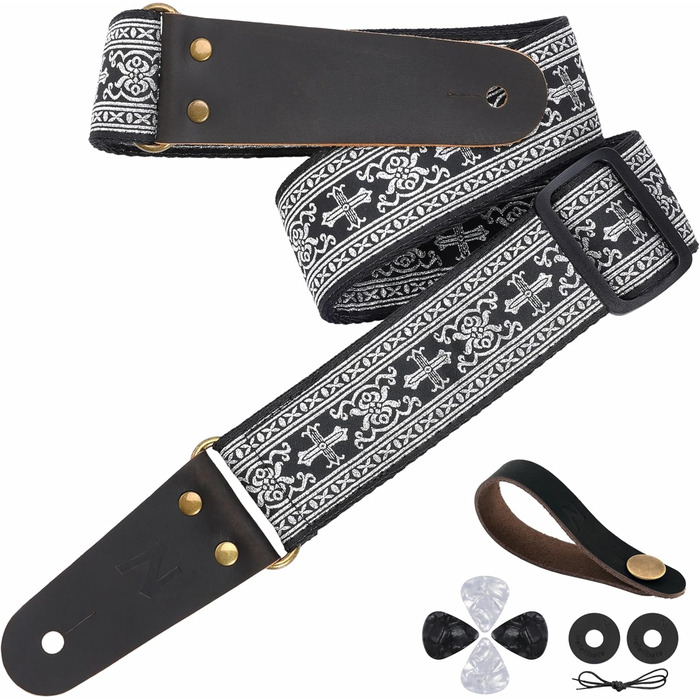 Накладки на гітару Nefelibata: 2 шт., з вишивкою, з повного нубуку, з прихованою кишенею, для бас-гітари, електро- та акустичної гітари, безкоштовна пряжка, замок для ременя та медіатор (срібний хрест)