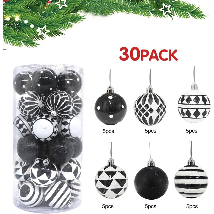 30 шт. прикрас на ялинку: блакитні та чорні ялинкові кулі, 6 см, ручної роботи, з петелькою для ялинки