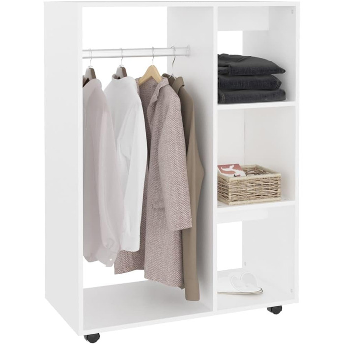 vidaXL Wardrobe with Open Shelf, 3 Side Shelves, Wheels, Coat Rack, Wardrobe, Bedroom, Cabinet, White, 80x40x110cm, Wood Composite