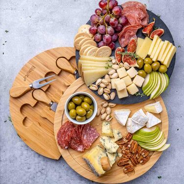 Bamboo Cheese Board with Cheese Knife Set and Slate Plate – Wooden Serving Platter for Cheese and Appetizers – 30cm Rotating Cheese Board – Round Serving Board – Cheese Board Charcuterie Board