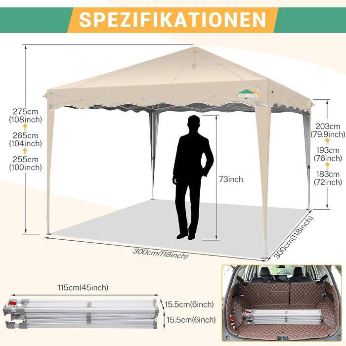 COBIZI Folding Gazebo 3x3, 3x3 Gazebo Waterproof Stable One Push UV Protection Outdoor Party Tent Wave Drip Tent Event Tent Tent Garden Gazebo Folding 3x3m With Carry Bag, Khaki