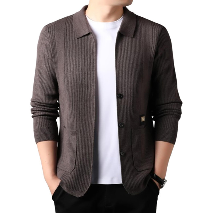 Чоловіча в'язана жилетка з ревером та довгими рукавами, стильна чоловіча жилетка з кишенями для осені, чоловіча жилетка з ревером та ґудзиками (4XL, Кофе)