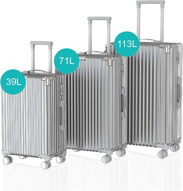 Набір валіз Voyagoux 3 в 1: 39L, 71L, 113L, з жорстким корпусом, TSA-замком, ABS, 4 колеса 360°, сріблясті, міцні та легкі