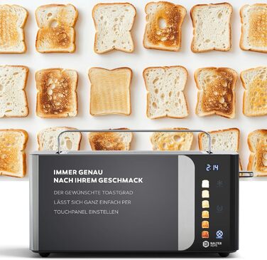 Тостер Balter 4 Scheiben з сенсорним керуванням, нержавіюча сталь, підставка для булочок, LCD дисплей, функція підігріву, центрування хліба, TS-34 (Ts-44-silber)